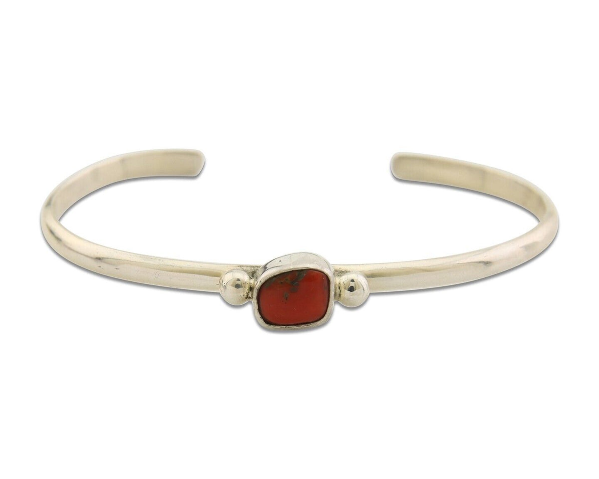 Navajo Bracelet .925 Silver Natural Red Coral Cuff Native American Artist C.80's