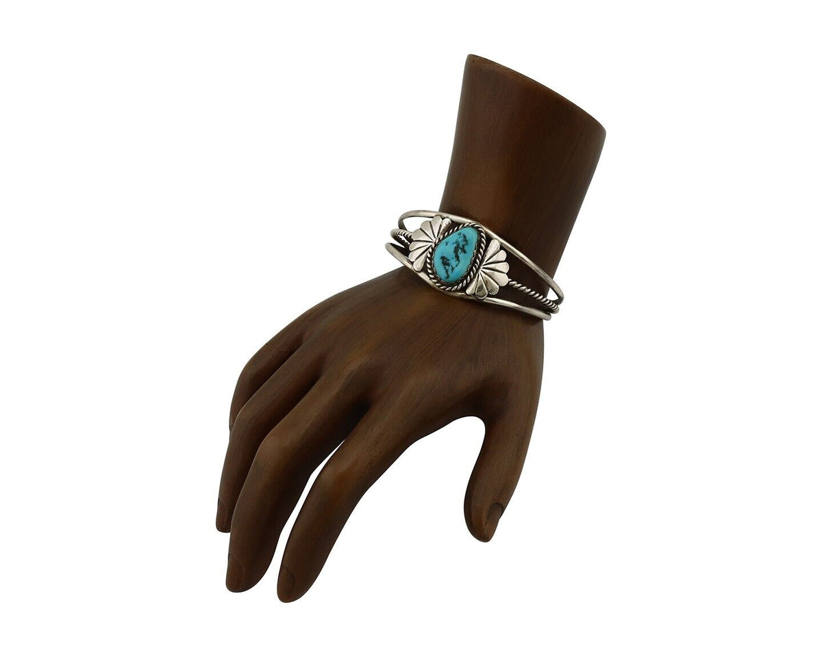 Navajo Bracelet 925 Silver Sleeping Beauty Turquoise Native American Artist C80s
