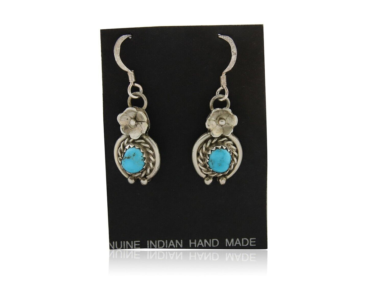 Navajo Dangle Earrings 925 Silver Natural Turquoise Artist Signed DB C.80's