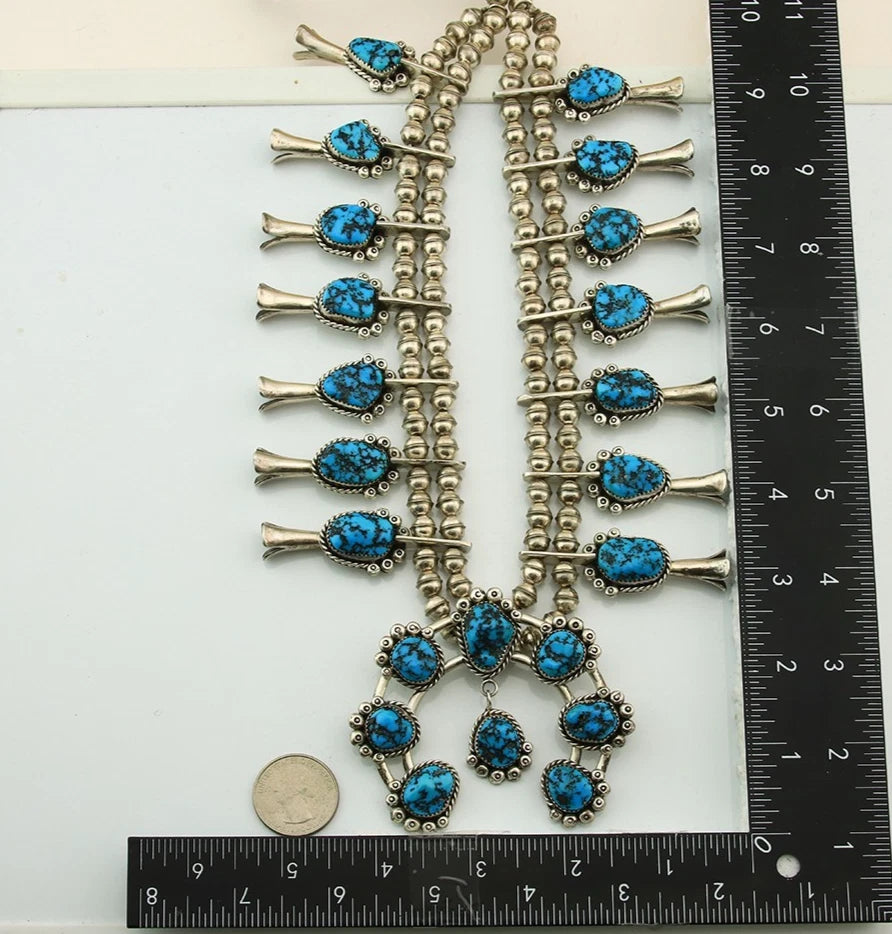 Navajo Squash Necklace Set Sterling Silver Natural Blue Turquoise Vintage C.80's