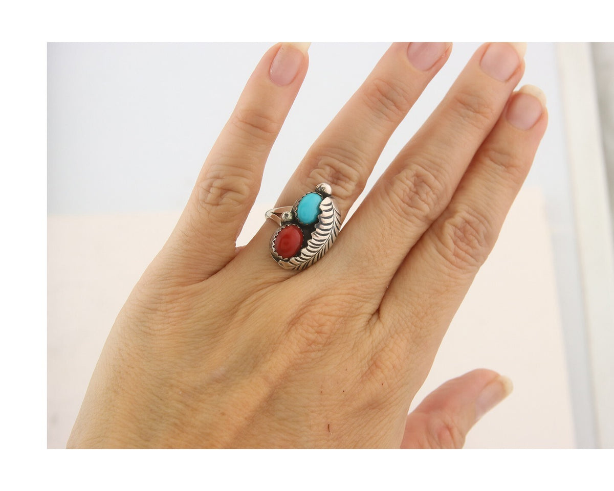 Navajo Ring 925 Sterling Natural Coral & Turquoise Signed BB C.80's Size 5.0