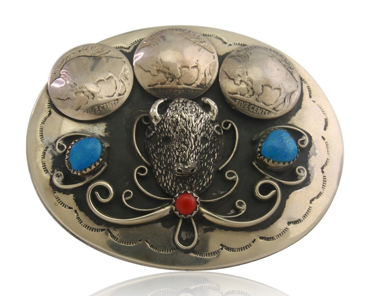Navajo Belt Buckle .999 Nickel Buffalo Gemstone Handmade 2.5 x 3.0 in C.80's