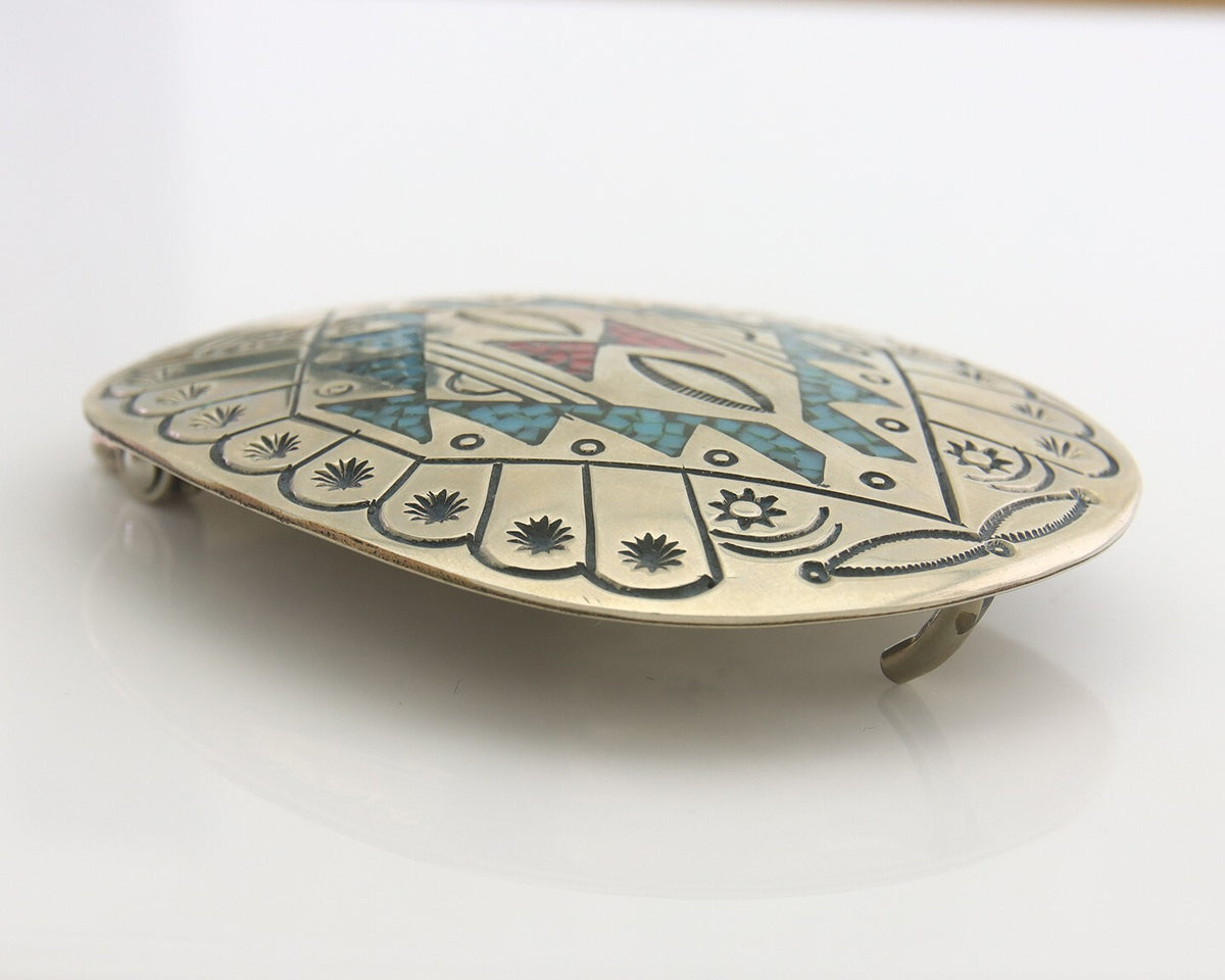 Navajo Belt Buckle .999 Nickel Buffalo Gemstone Signed Chee Keams 2.25x3.0 C.80s