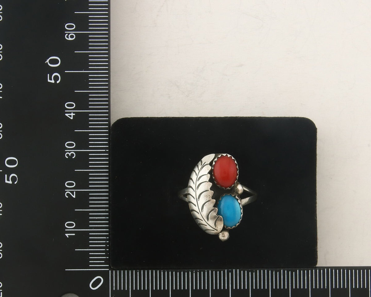 Navajo Ring 925 Sterling Natural Coral & Turquoise Signed BB C.80's Size 7.5