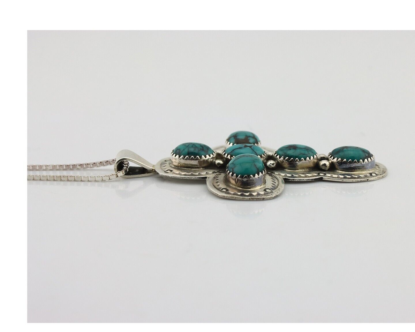 Navajo Cross Pendant 925 Silver Spiderweb Turquoise Native American Artist C80s