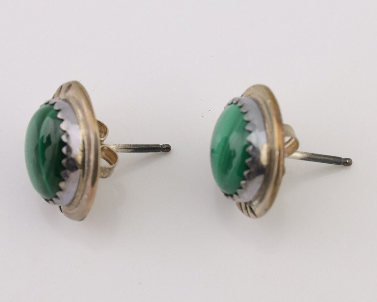 Navajo Earrings 925 Silver Natural Malachite Native American Artist C.80's