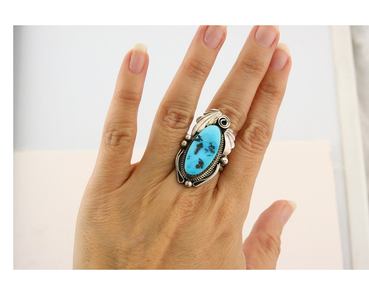 Navajo Ring 925 Sterling Turquoise Artist Justin Morris C.80's Size 8.0