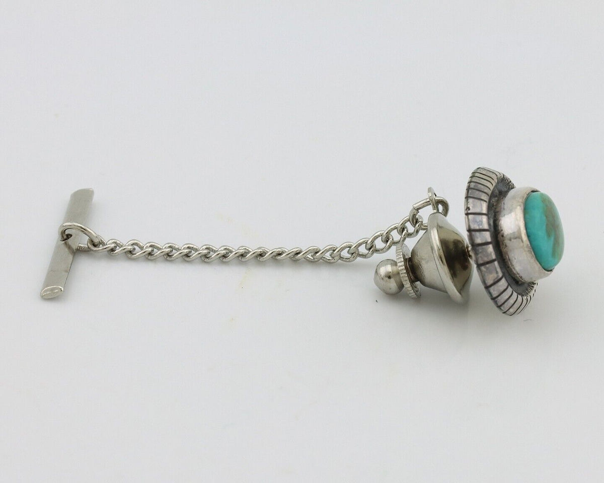 Navajo Tie Tack 925 Silver Natural Mined Turquoise Native American Artist C.80's