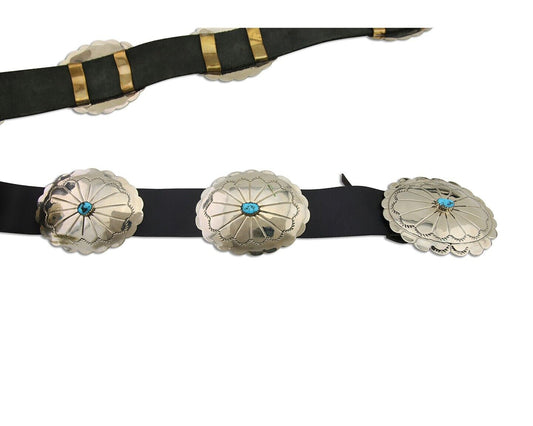 Navajo Handmade Concho Belt Turquoise 925 Silver Signed RS Arrow C.80's