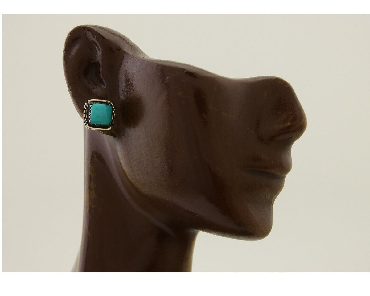 Navajo Hand Stampied Earrings 925 Silver Blue Turquoise Native Artist C.80's