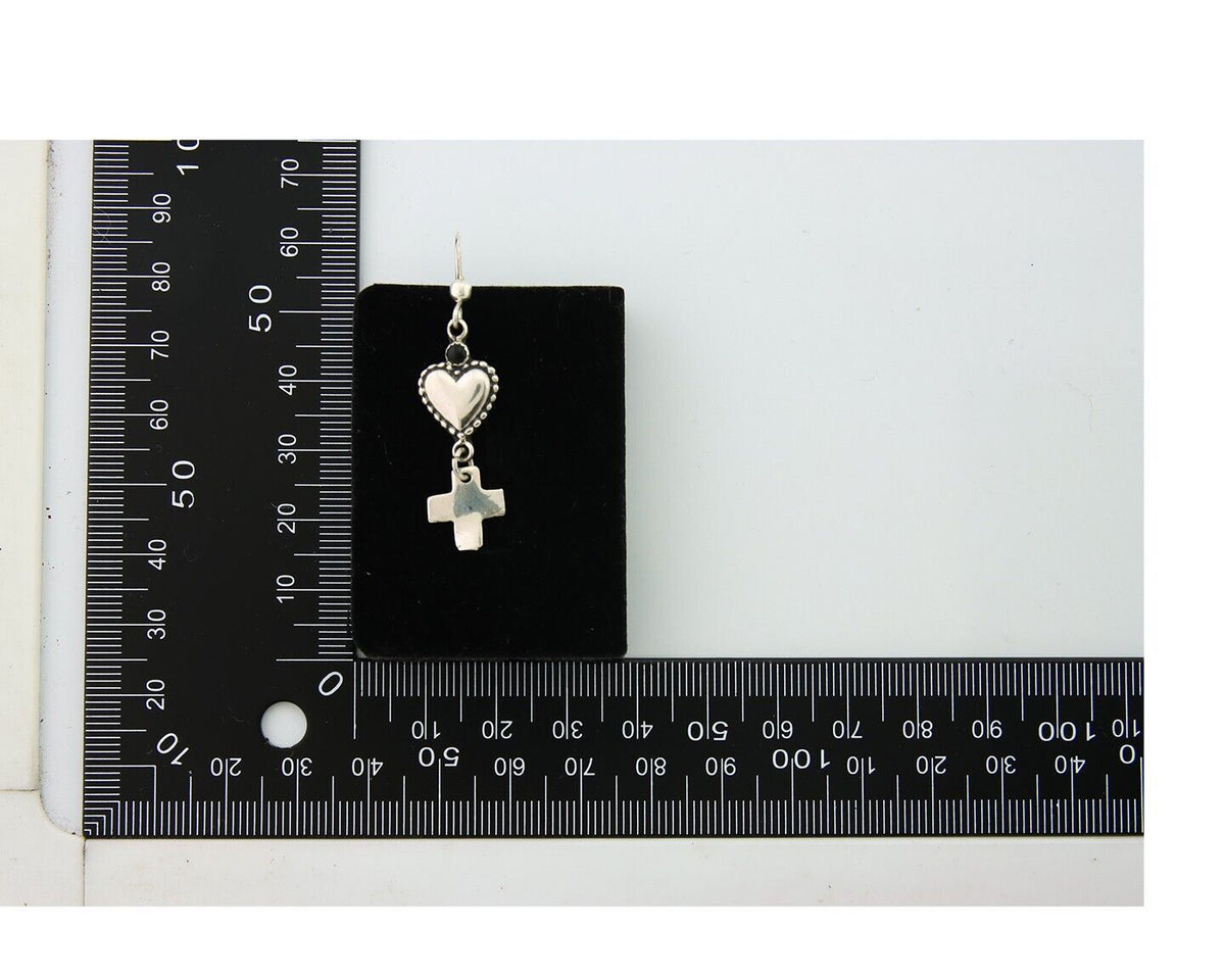 Navajo Earrings 925 Silver Heart Cross Natural Onyx Native American Artist C.80s