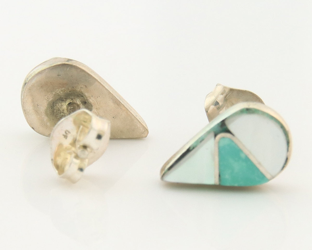 Navajo Earrings Sterling Silver Inlaid Turquoise & MOP Vintage Handmade