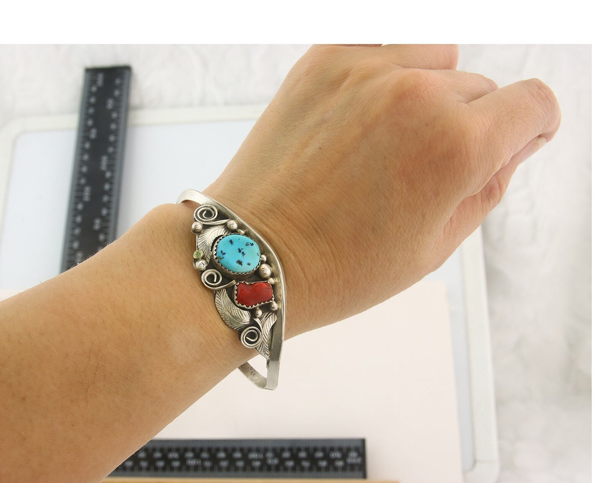 Navajo Bracelet 925 Silver Coral & Turquoise Cuff Signed Justin Morris C.80's