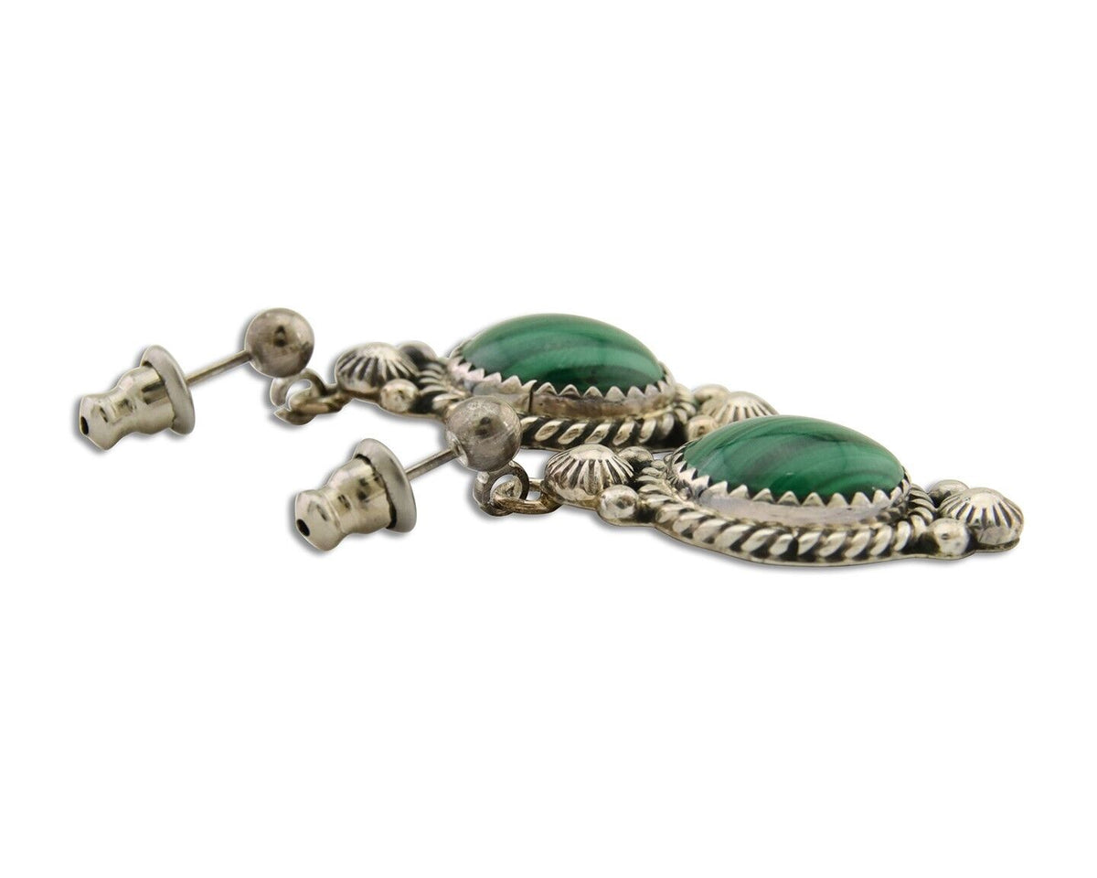 Navajo Handmade Earrings 925 Silver Malachite Native American Artist C.80's