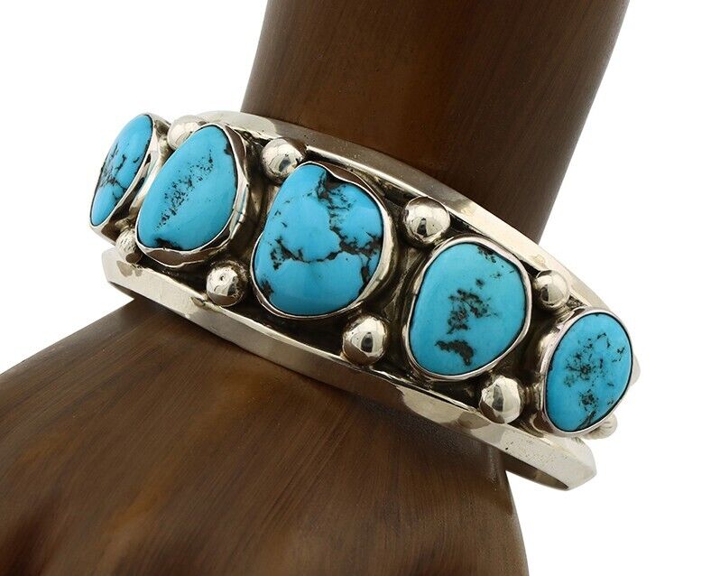 Navajo Bracelet 925 Silver Nugget Sleeping Beauty Turquoise Artist Signed JR C80