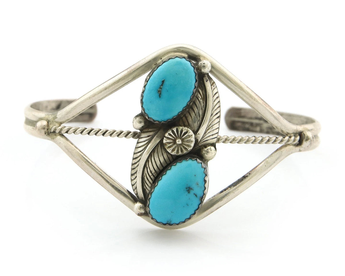 Navajo Cuff Bracelet Sterling Silver Turquoise Native Vintage Artist Signed Paul