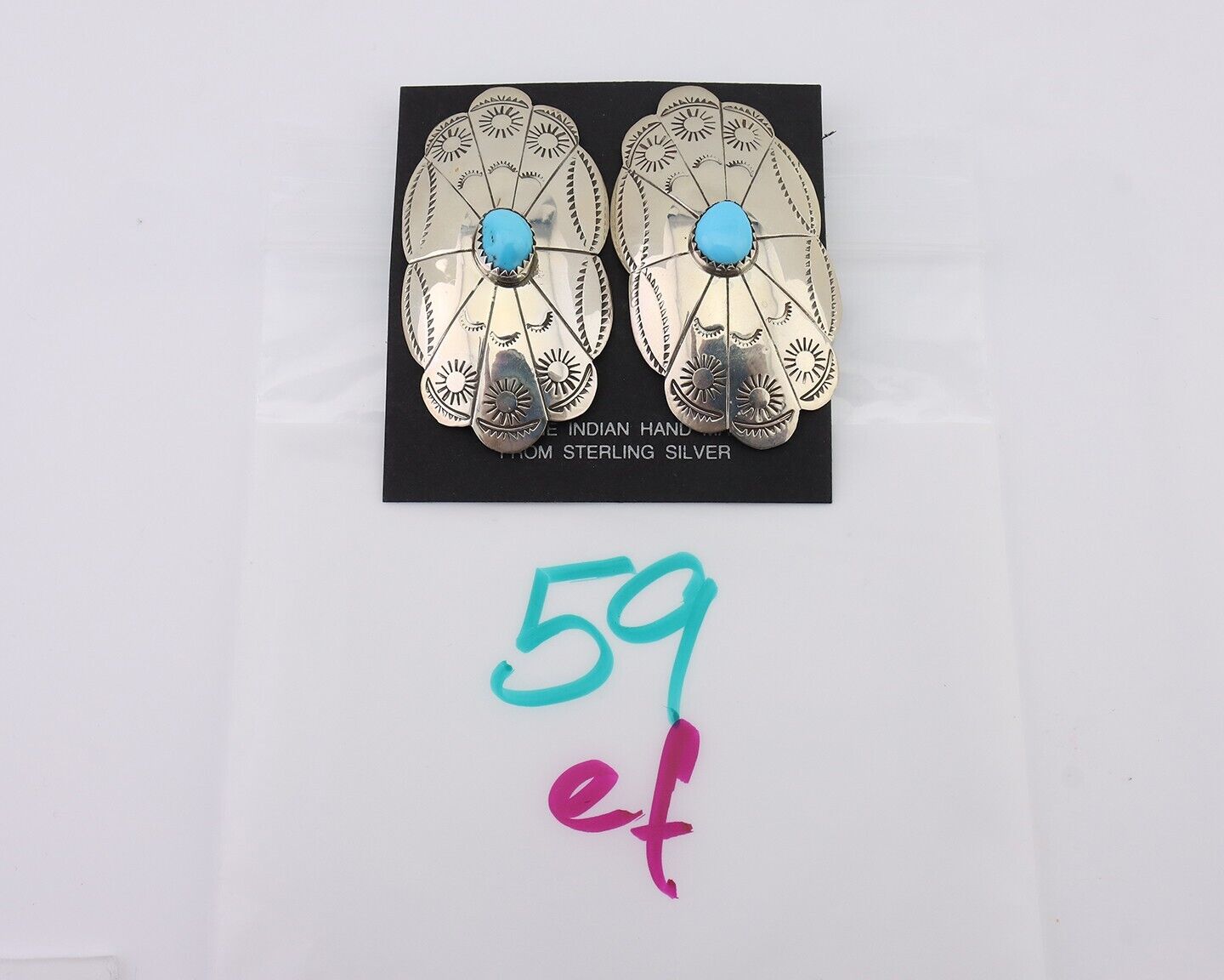 Navajo Hand Stamped Shield Earrings 925 Silver Turquoise Native Artist C.80's