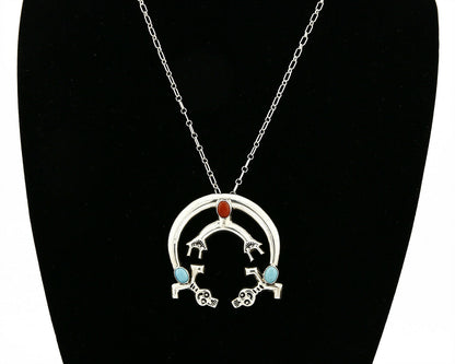 Navajo C.1980's Natural Turquoise & Coral .925 Silver Naja Necklace