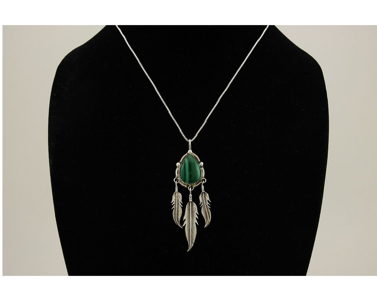 Large Navajo Pendant 925 Silver Natural Malachite Native American Artist C.80's