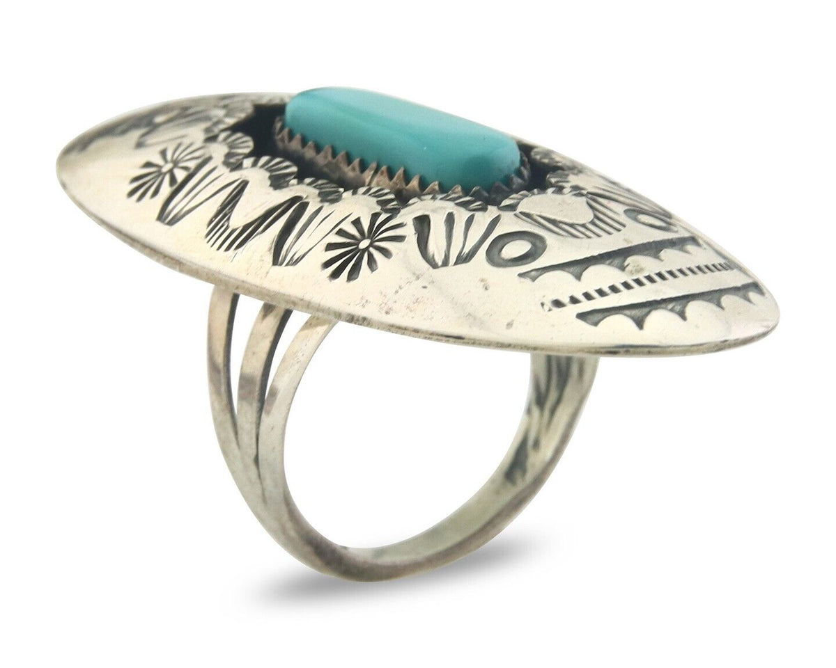 Navajo Ring 925 Sterling Turquoise Hand Stamped Signed J Martinez C.80's Sz 6.75