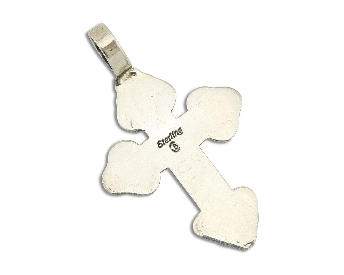 Navajo Cross Pendant 925 Silver Mediterranean Coral Artist Signed CB C.80's