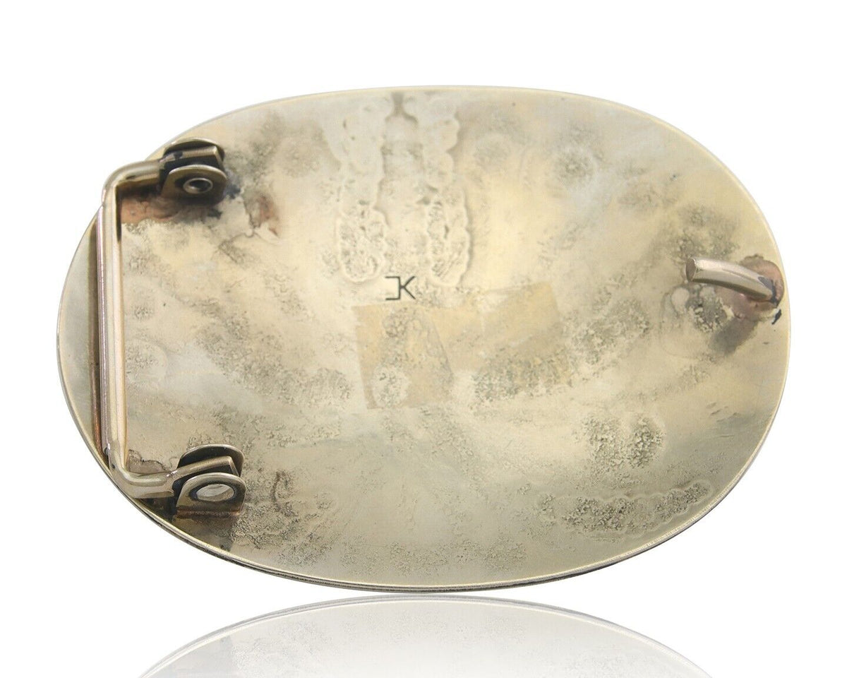 Navajo Belt Buckle .999 Nickel Buffalo Gemstone Signed Chee Keams C.80s