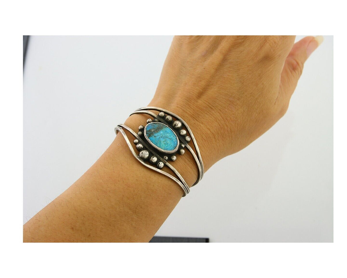Navajo Bracelet .999 Nickel Turquoise Cuff Artist Signed C.80's
