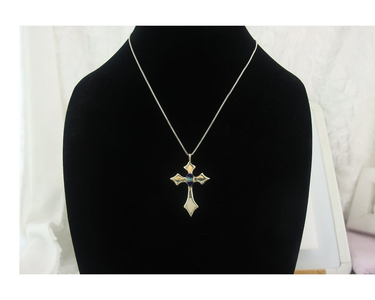 Navajo Cross Necklace Sterling Silver Authentic Natural Gemstones Signed M