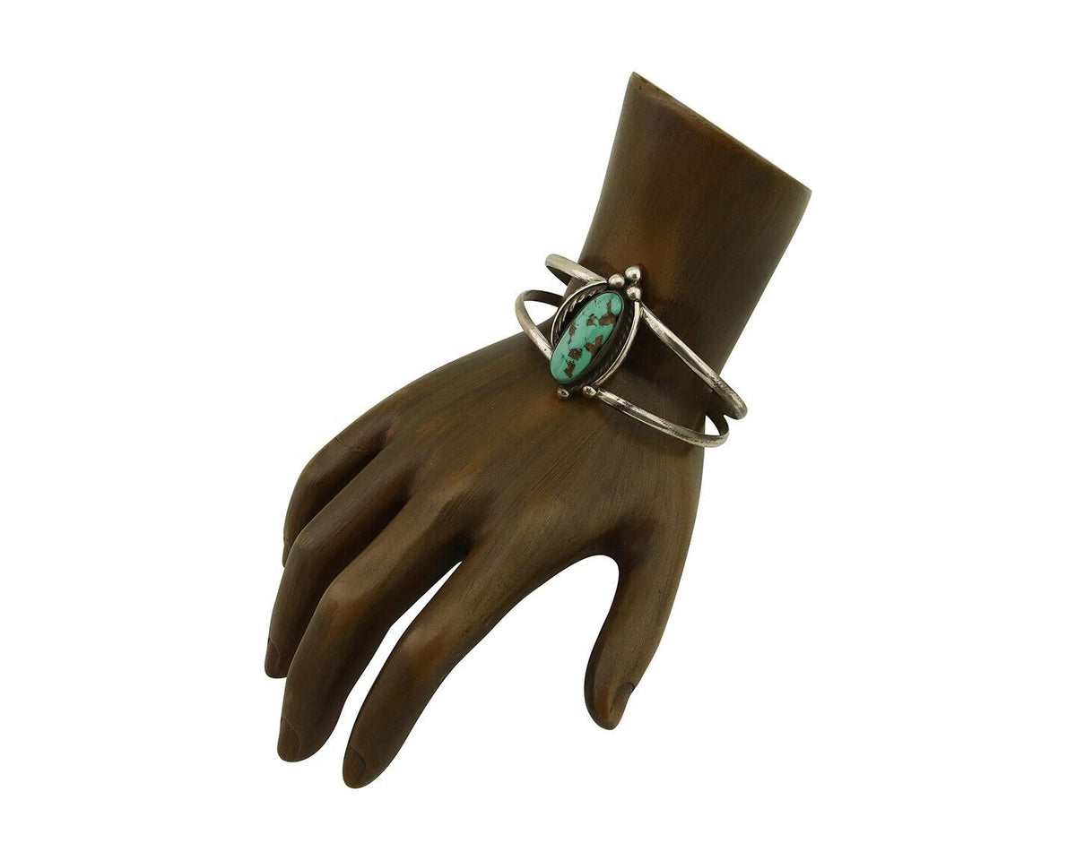 Navajo Hand Stamped Cuff Bracelet Turquoise 925 Silver Signed Sunrise C.80's
