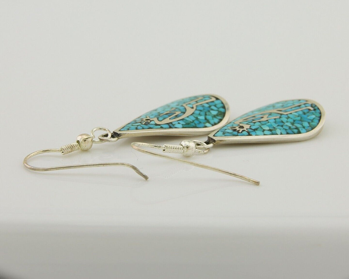 Navajo Kokopelli Earrings 999 Nickel Chip Inlay Turquoise Coral Native American
