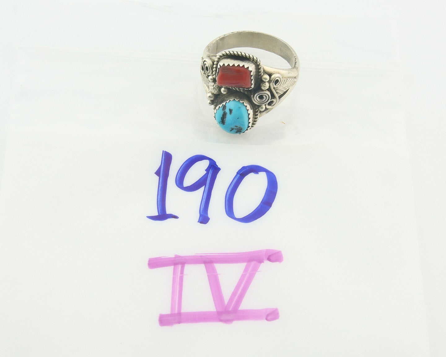 Men Navajo Ring 925 Sterling Natural Coral & Turquoise Signed JM C.80's Size 13