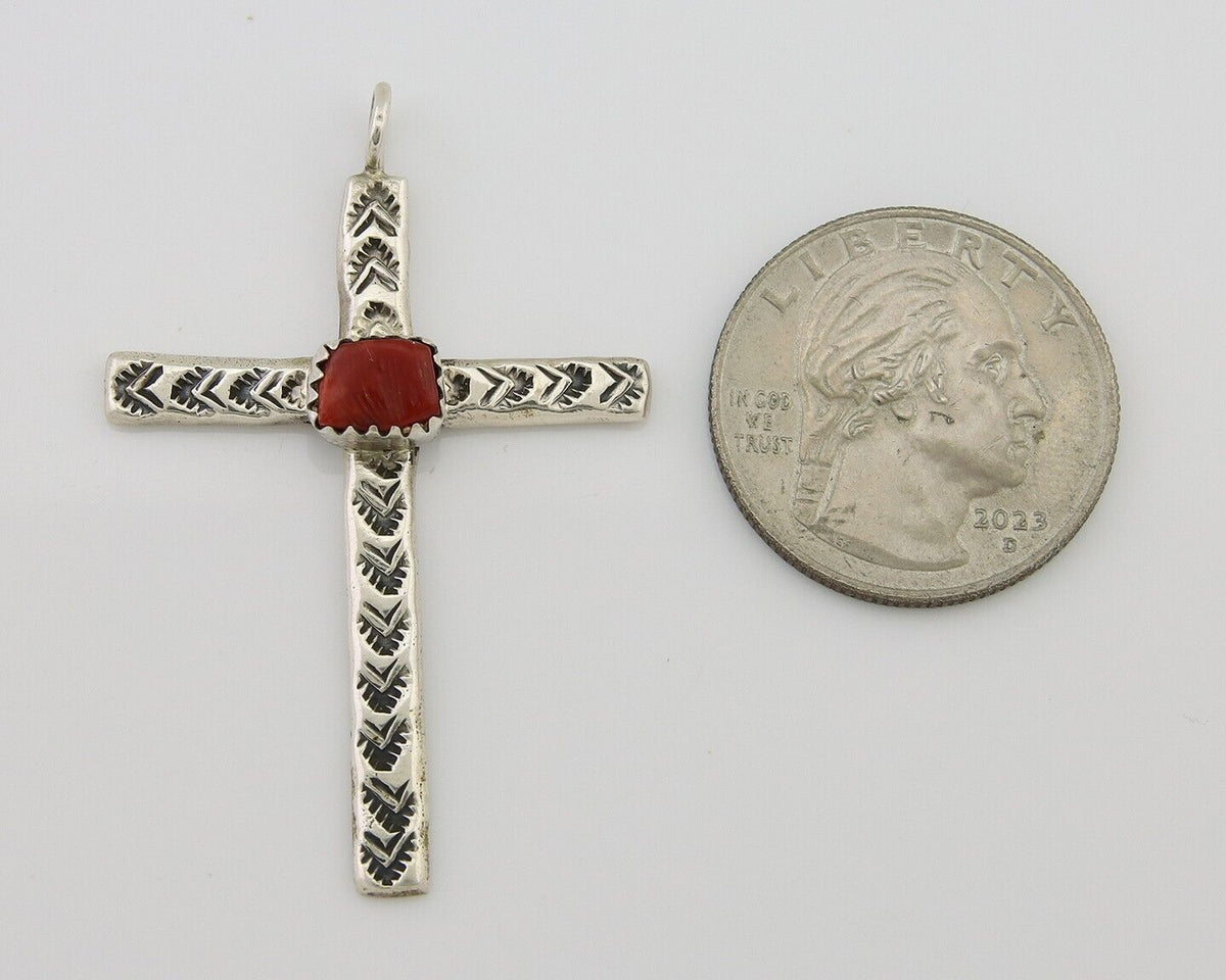 Navajo Cross Pendant 925 Silver Mediterranean Coral Signed Arthur Williams C.80s