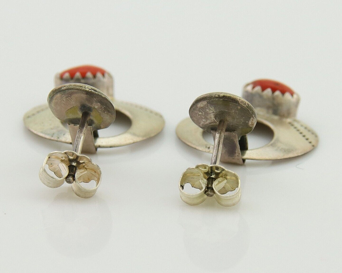 Navajo Earrings 925 Silver Natural Red Coral Artist Signed KF C.80's