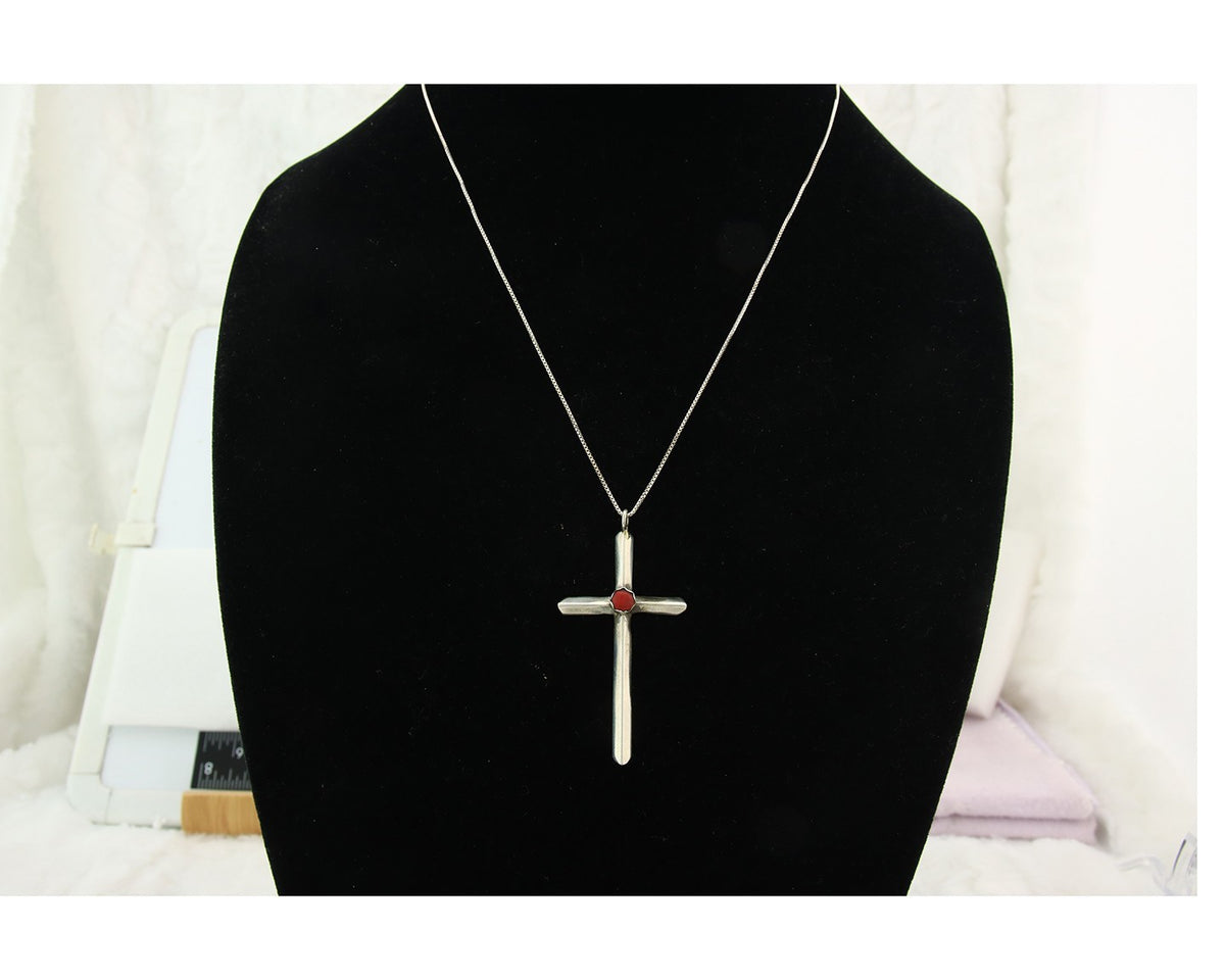 Navajo Cross Necklace Sterling Silver Snake Eye Coral Authentic Native Artist