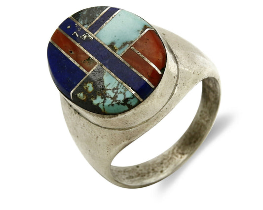 Navajo Ring .925 Sterling Silver Turquoise Coral Lapis Natural Gemstone Artist