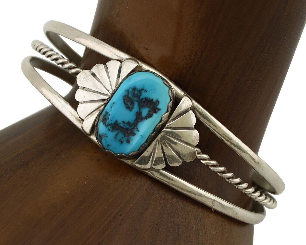 Navajo Bracelet 925 Silver Sleeping Beauty Turquoise Artist Signed LT CHEE C80s