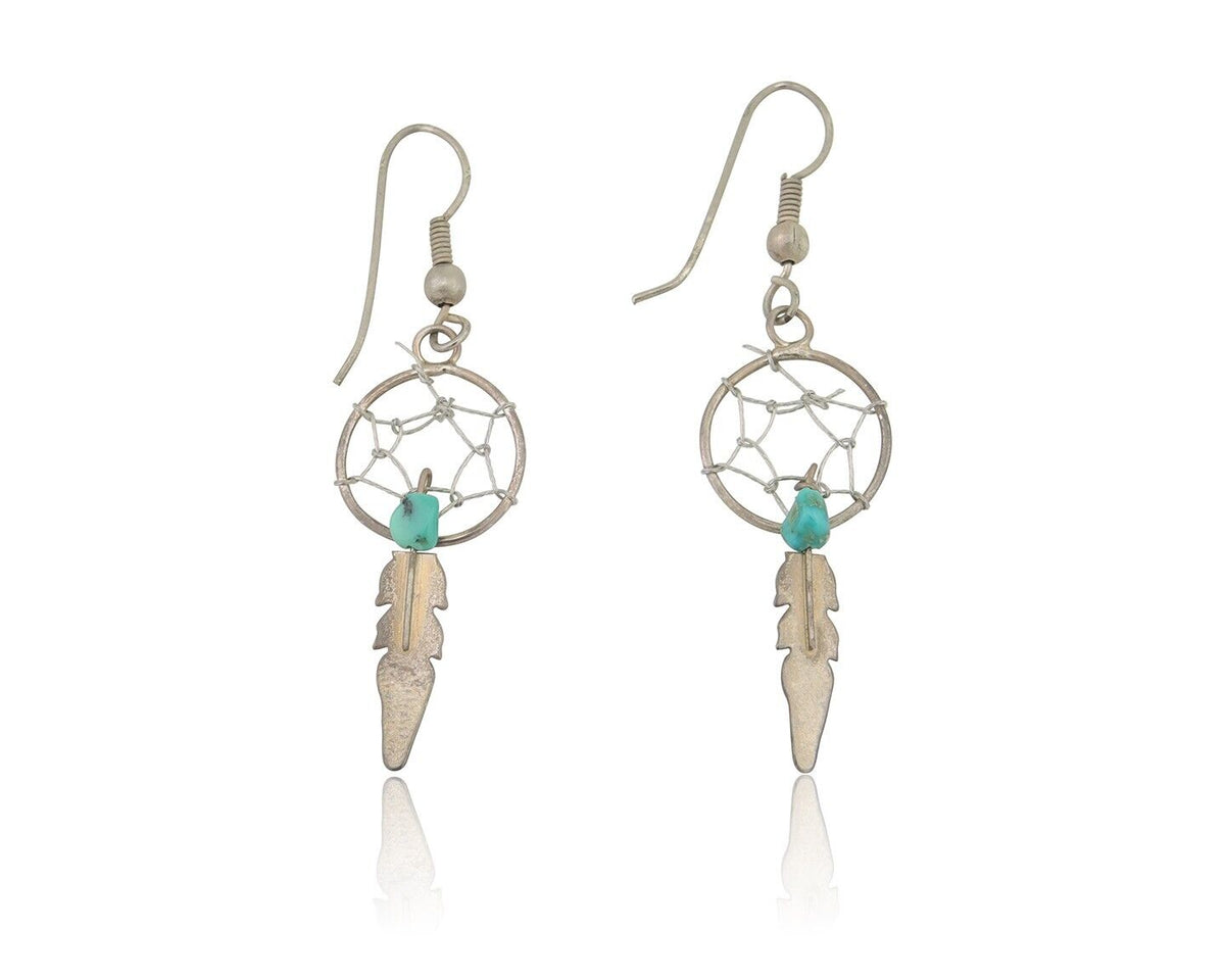 Navajo Dangle Dream Catcher Earrings 925 Silver Blue Turquoise Native Artist C80
