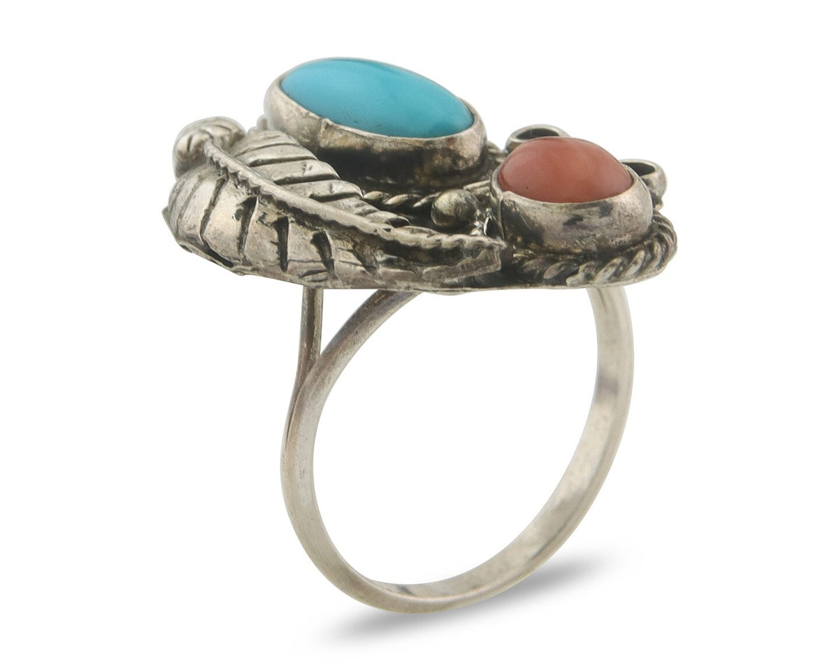 Navajo Ring 925 Sterling Natural Coral & Turquoise Signed EH C.80's Size 7.25
