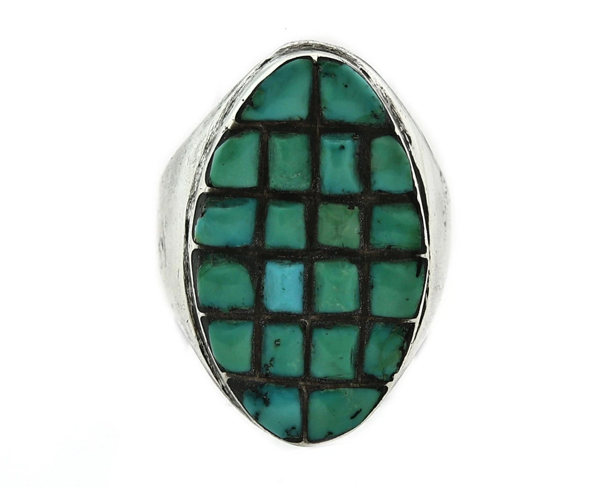 Men Zuni Ring Sterling Silver Turquoise Handmade Vintage Size 9.5