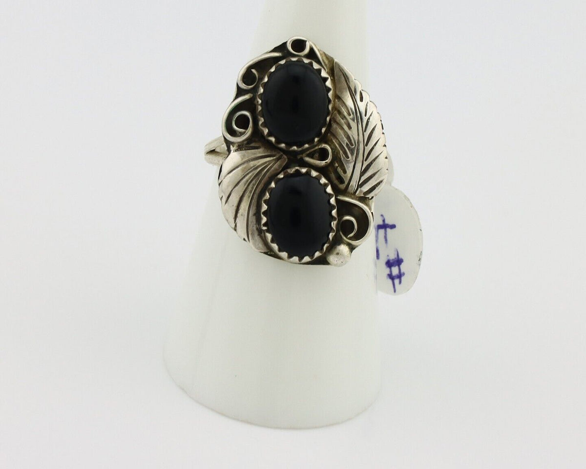 Navajo Ring 925 Silver Onyx Hand Stamped Artist Signed Tom Willeto C.80's
