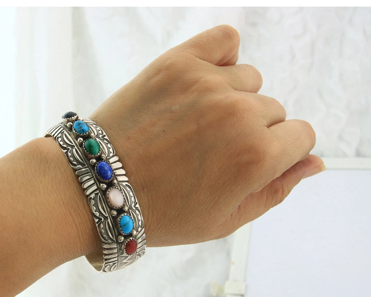 Navajo Cuff Bracelet Sterling Silver Natural Gemstone Vintage Signed WB