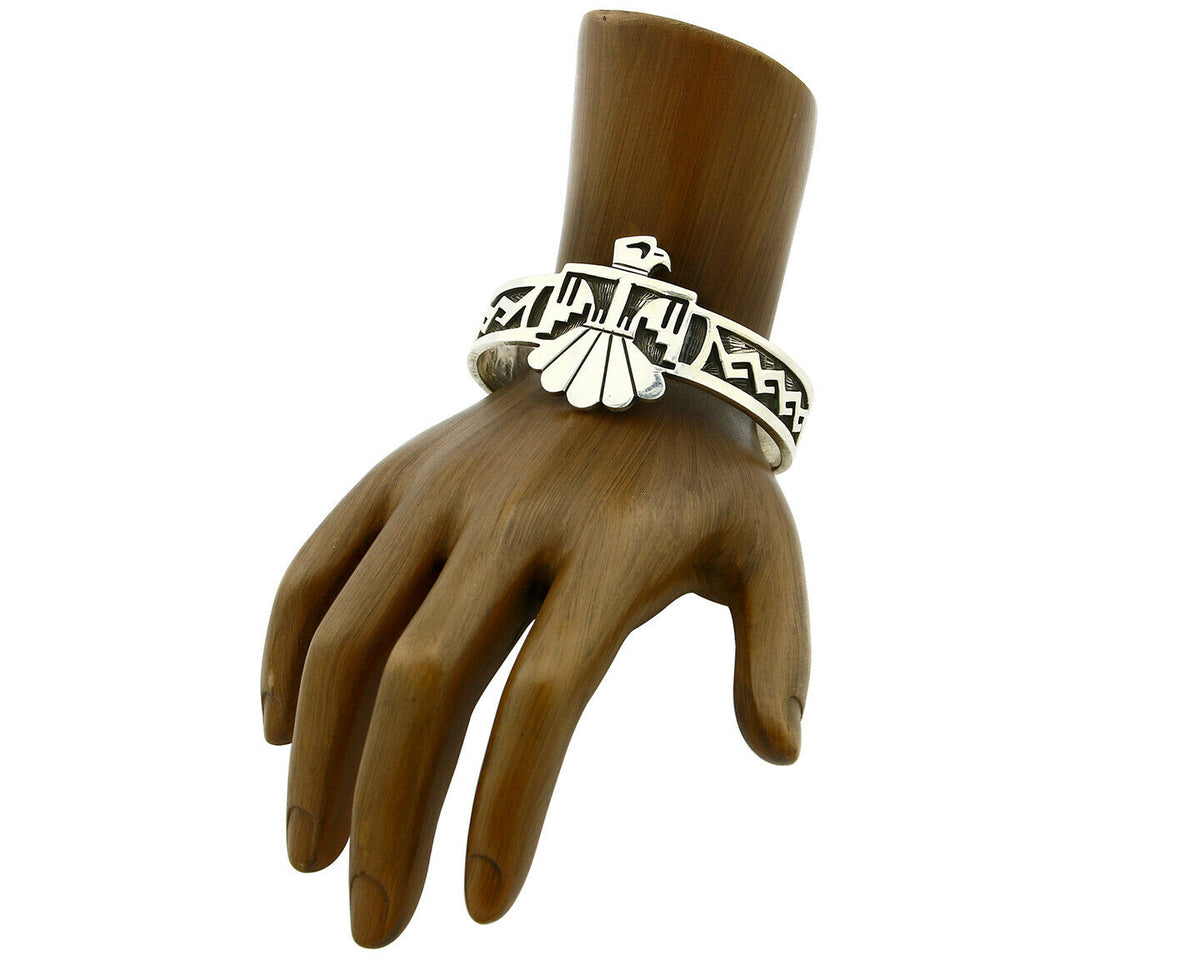 Navajo Handmade Bracelet .925 Silver Thunderbird Overlay Cuff
