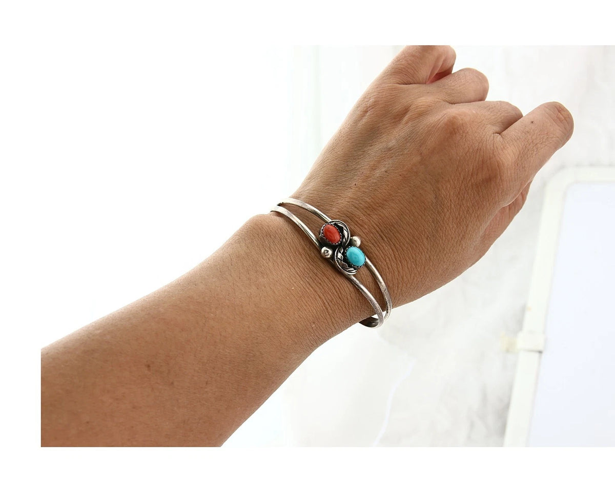 Navajo Cuff Bracelet Sterling Silver Gemstone Native American Artist C.80's