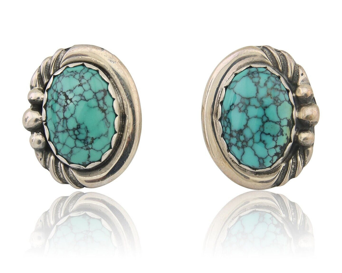 Navajo Earrings 925 Blue Spiderweb Turquoise Native American Artist C.80's