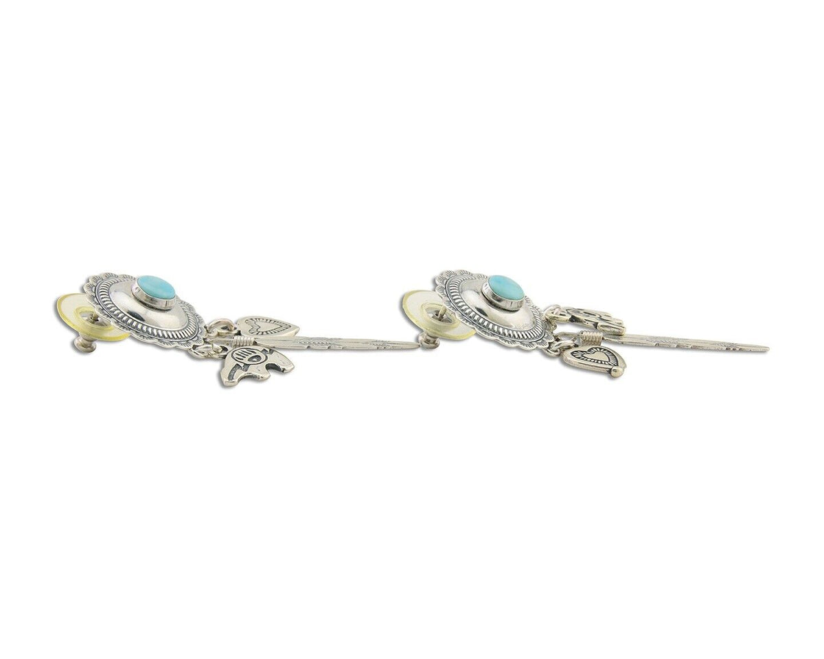 Navajo Concho Dangle Bear Feather Heart Earrings 925 Silver Natural Turquoise