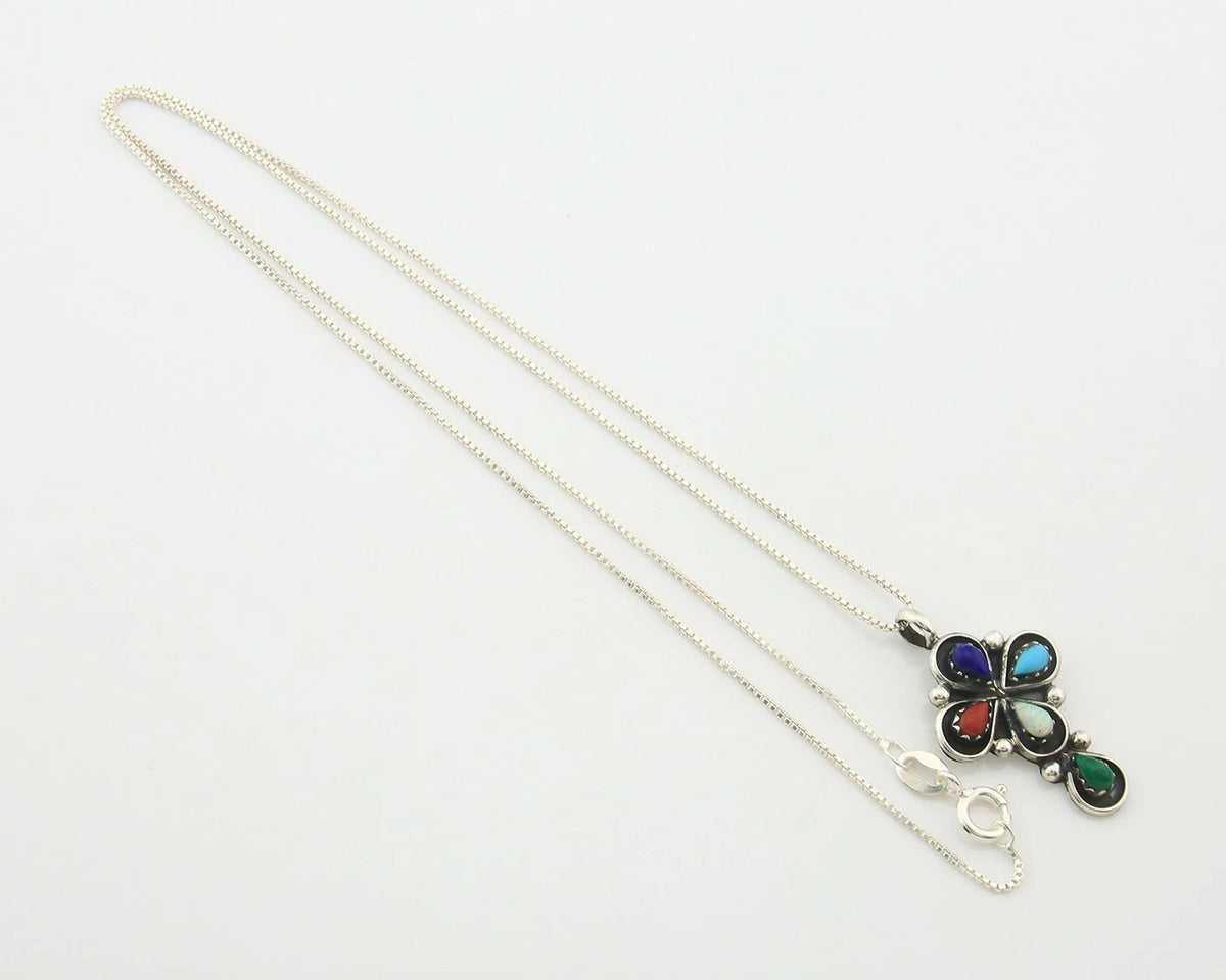 Navajo Cross Necklace Sterling Silver Natural Gemstones Artist Signed SL