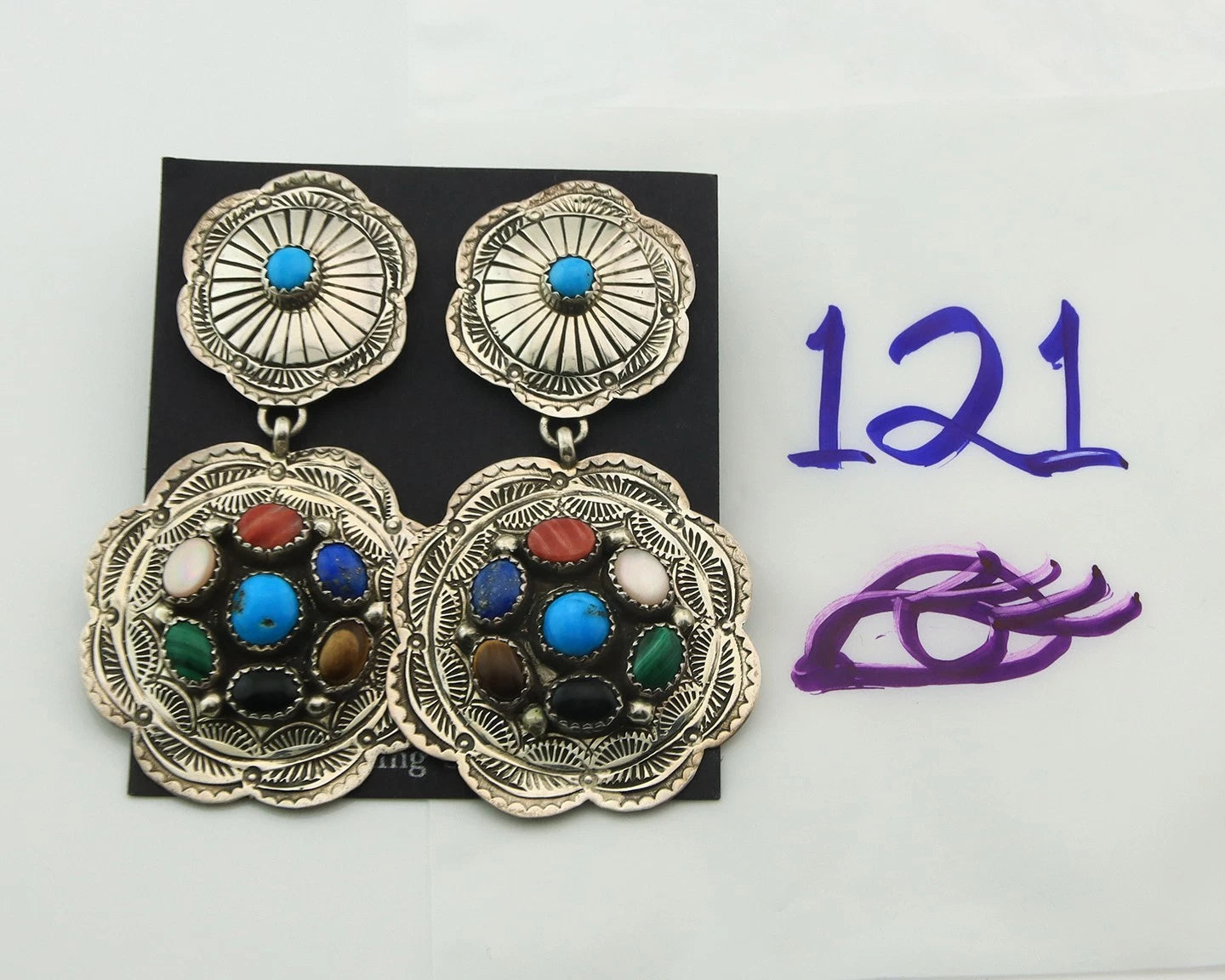 Navajo Concho Earrings Sterling Silver Natural Gemstones Vintage Handmade