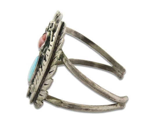 Vintage Navajo Bracelet 925 Silver Natural Red Coral Turquoise Handmade