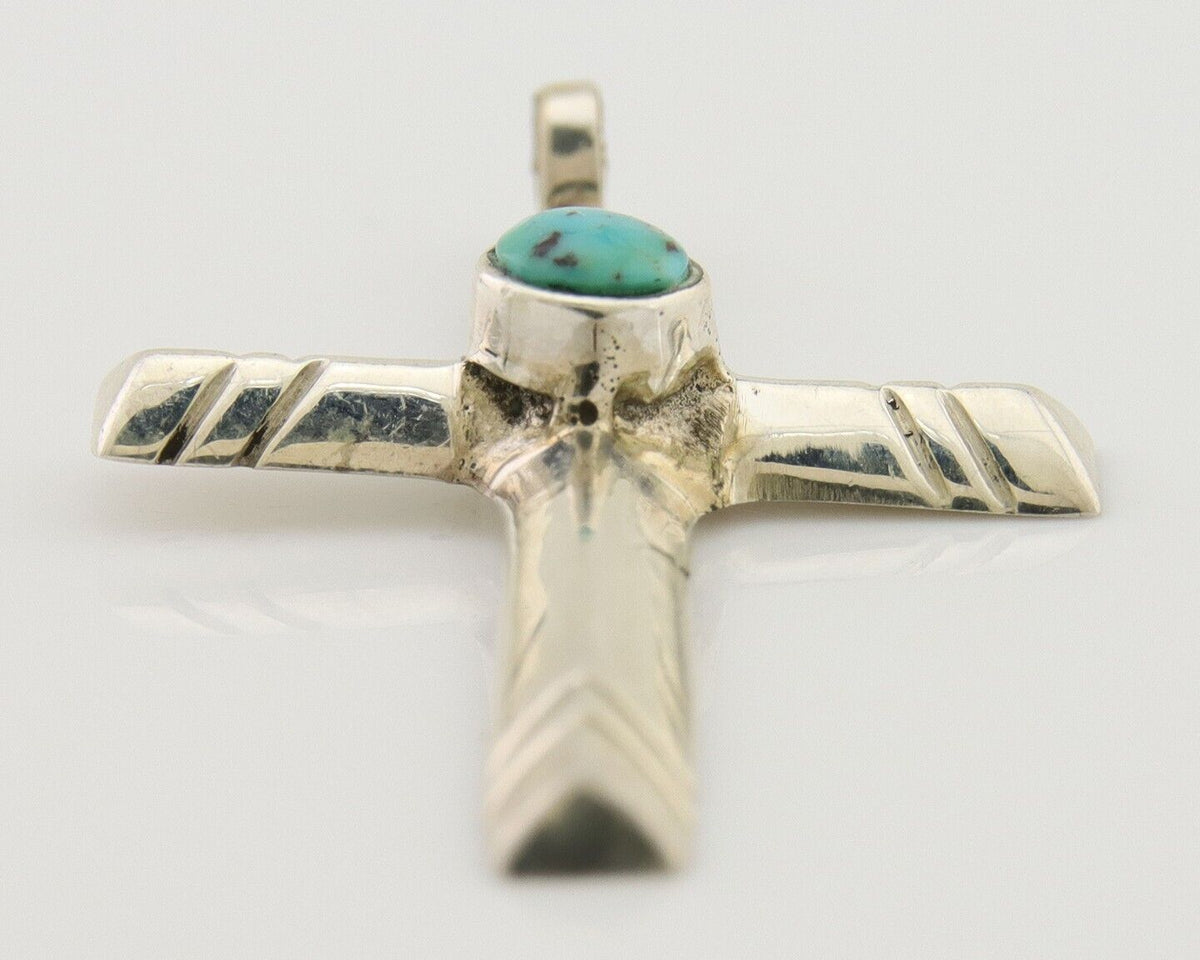 Navajo Sand Cast Cross Pendant 925 Silver Turquoise Artist Signed J Yazzie C.80s