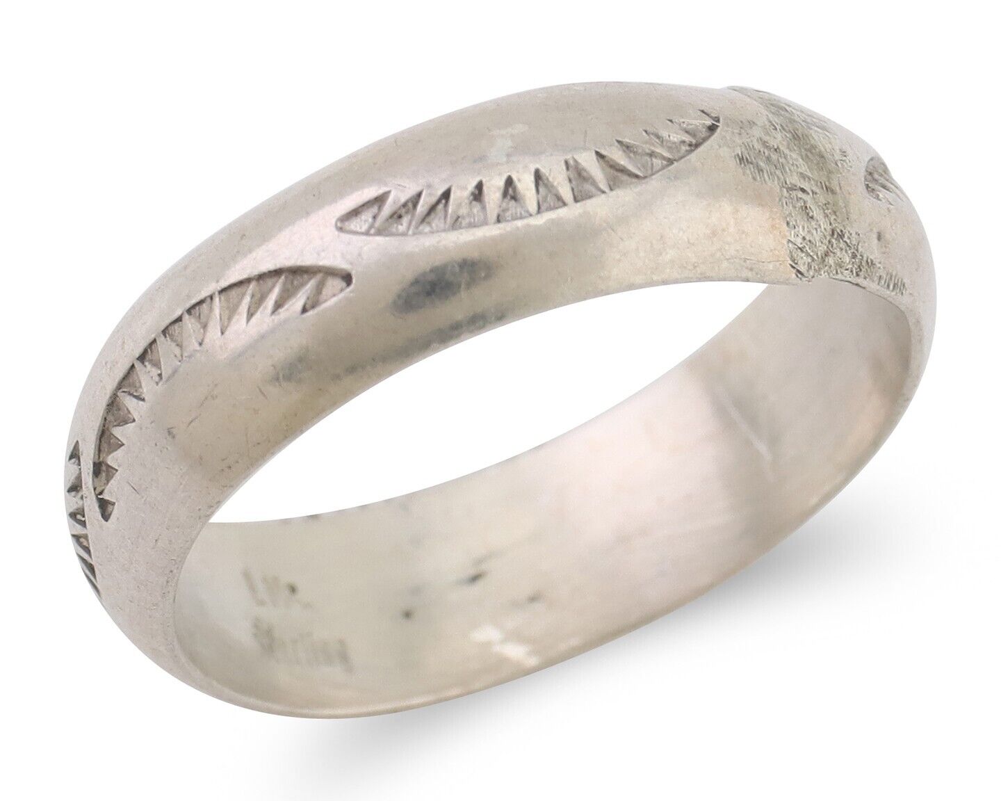 Navajo Hand Stamped Band 925 Silver 6.0 mm Signed Larry Chavez Size 10 C.80's